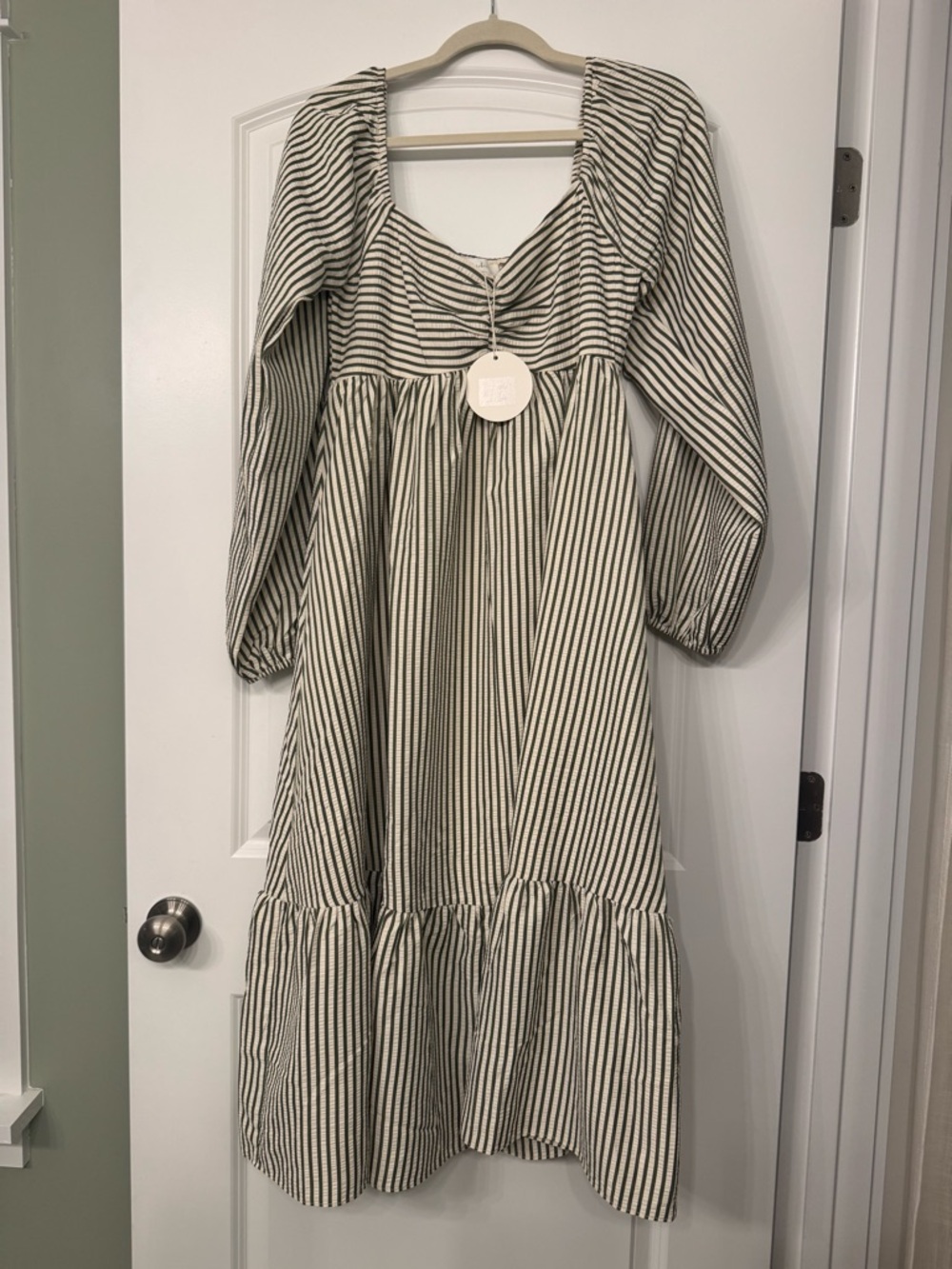 Striped Square-Neck Midi Dress in Green and White